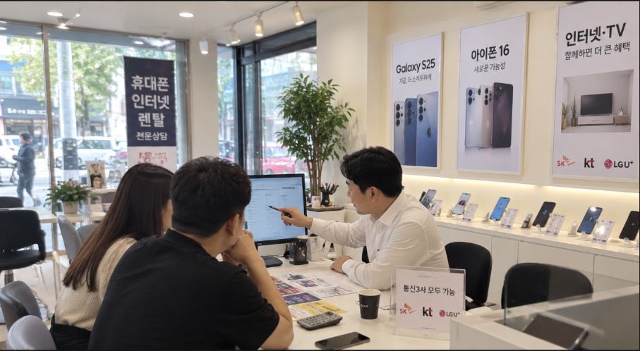휴대폰 매장에서 모니터를 보며 판매 업무를 직접 배우는 모습